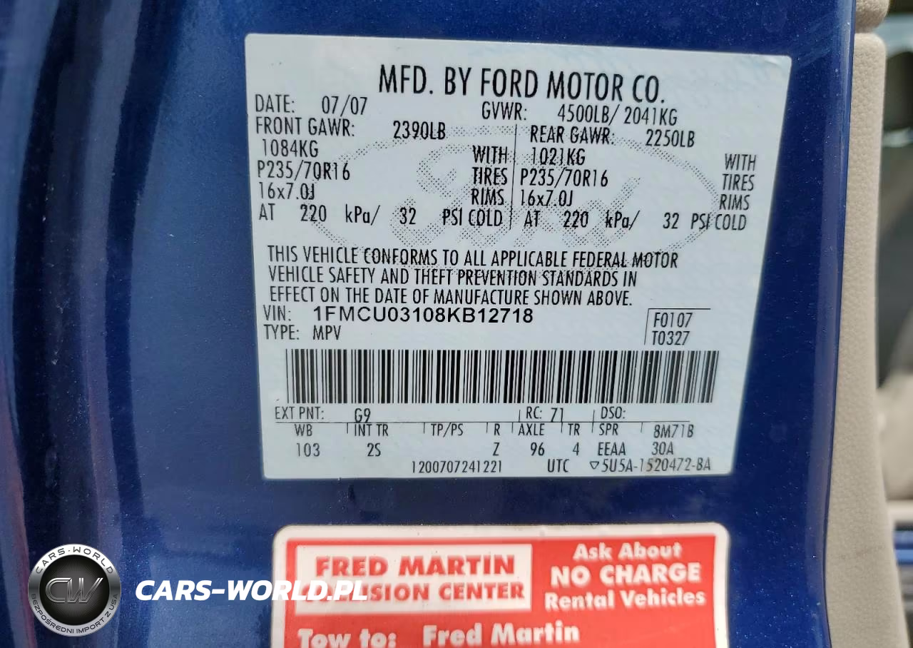 FORD ESCAPE XLT VIN:1FMCU03108KB12718 - 12