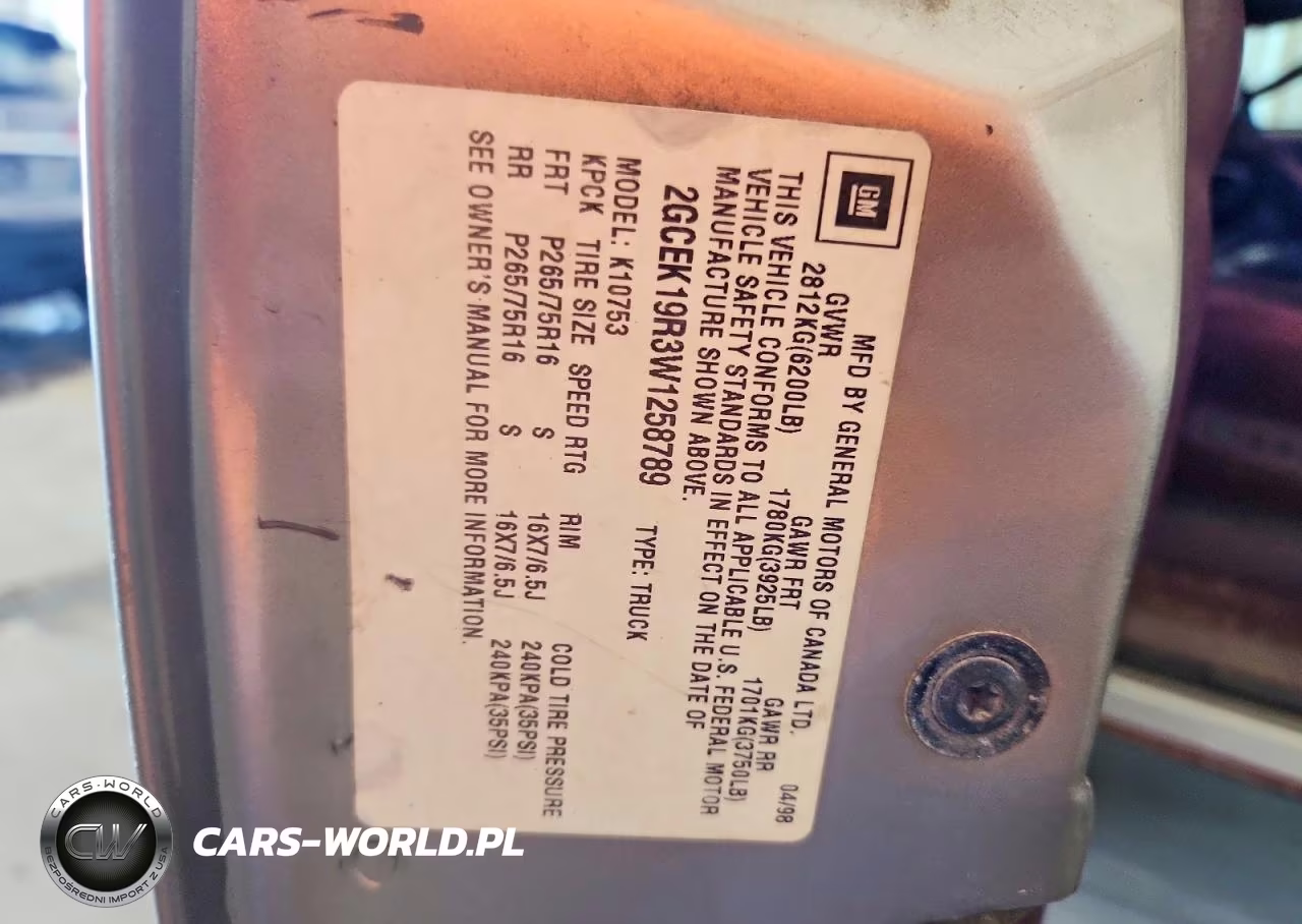 1998 Chevrolet Gmt-400 K1500 VIN:2GCEK19R3W1258789 - 12