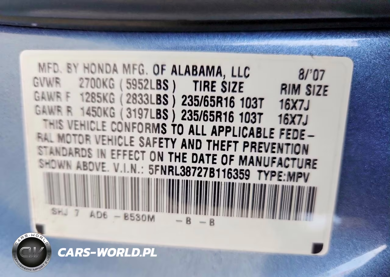 2007 Honda Odyssey VIN:5FNRL38727B116359 - 13