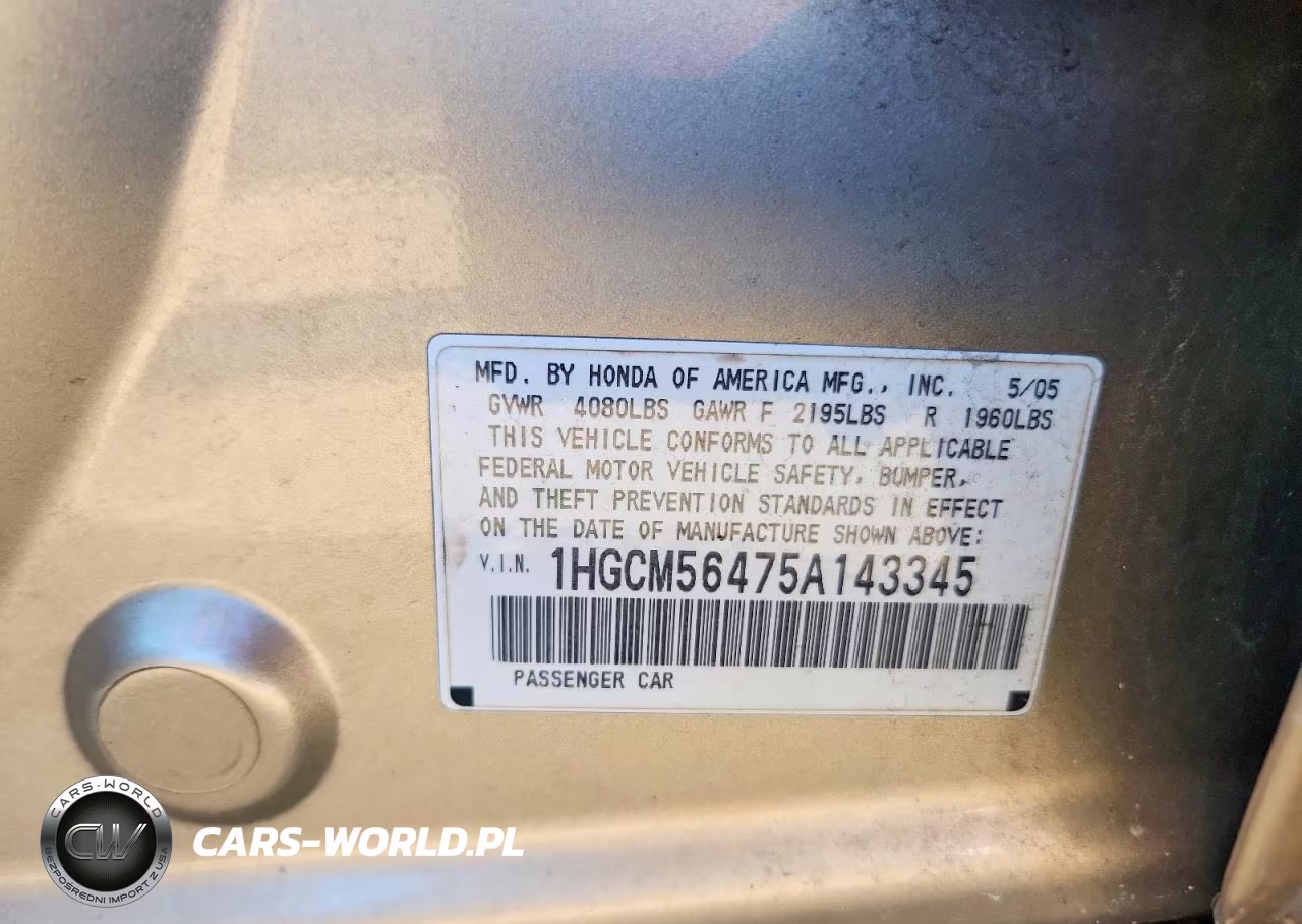 2005 Honda Accord Lx VIN:1HGCM56475A143345 - 12