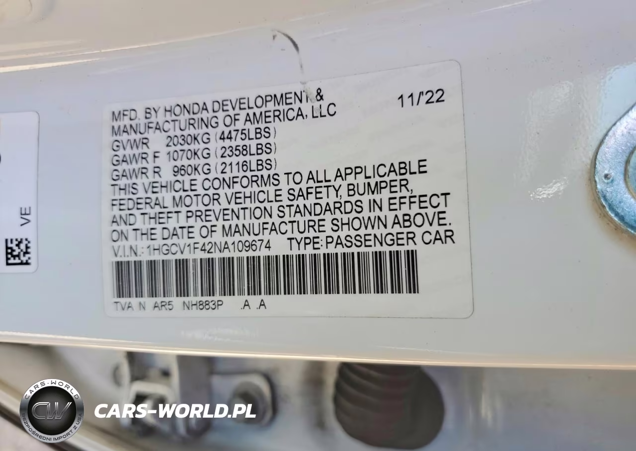 2022 Honda Accord Sport Se VIN:1HGCV1F42NA109674 - 12