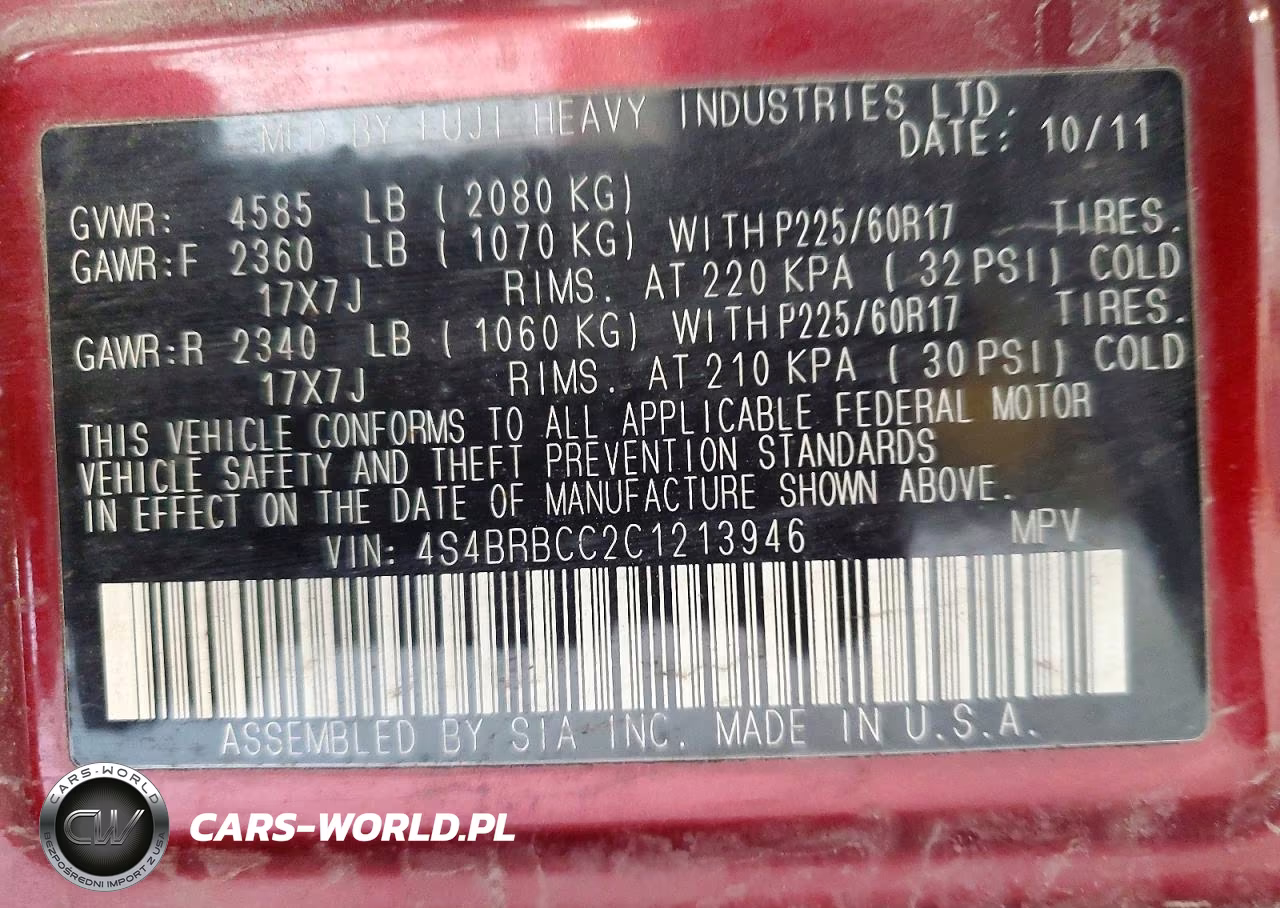 2012 Subaru Outback 2.5I Premium VIN:4S4BRBCC2C1213946 - 13