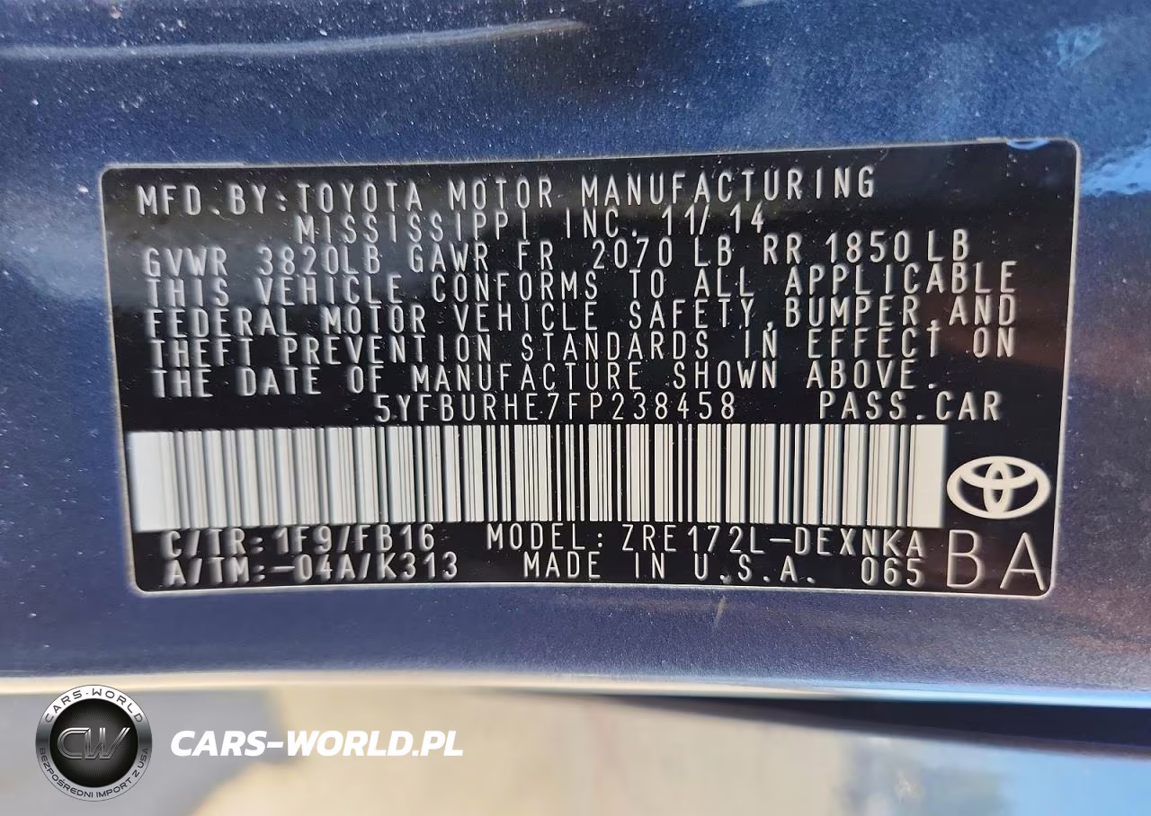 2015 Toyota Corolla Le Plus VIN:5YFBURHE7FP238458 - 12