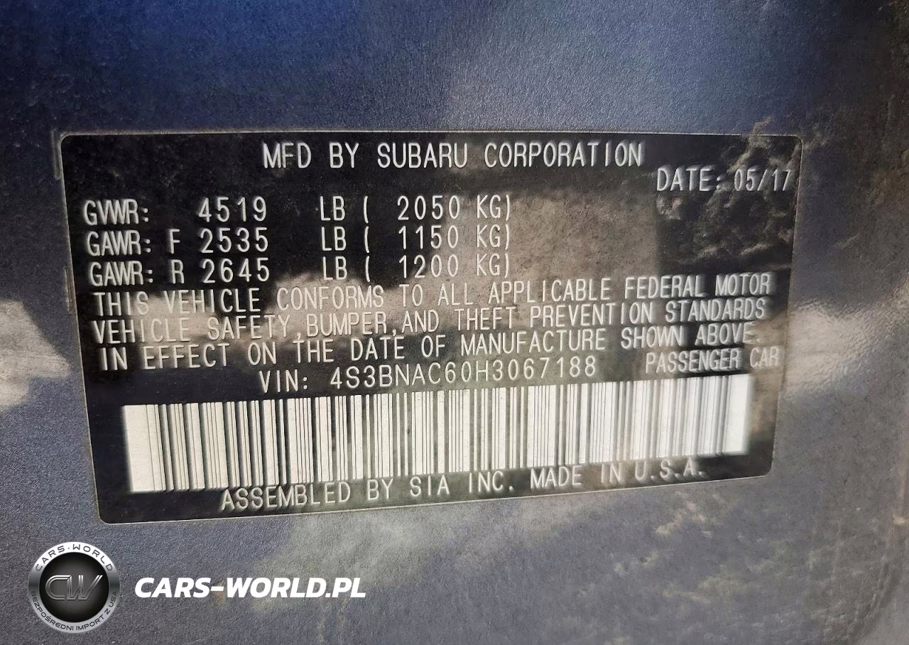 2017 Subaru Legacy 2.5I Premium VIN:4S3BNAC60H3067188 - 12