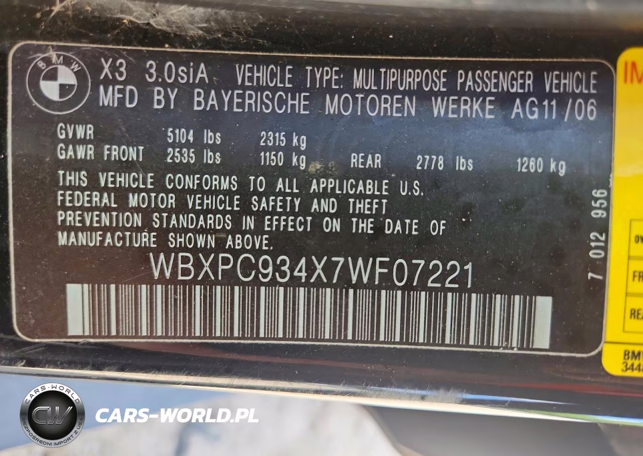 2007 BMW X3 3.0Si VIN:WBXPC934X7WF07221 - 13