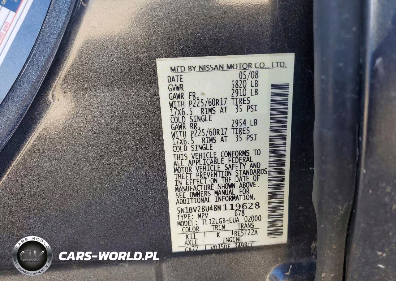 2008 Nissan Quest 3.5 VIN:5N1BV28U48N119628 - 13