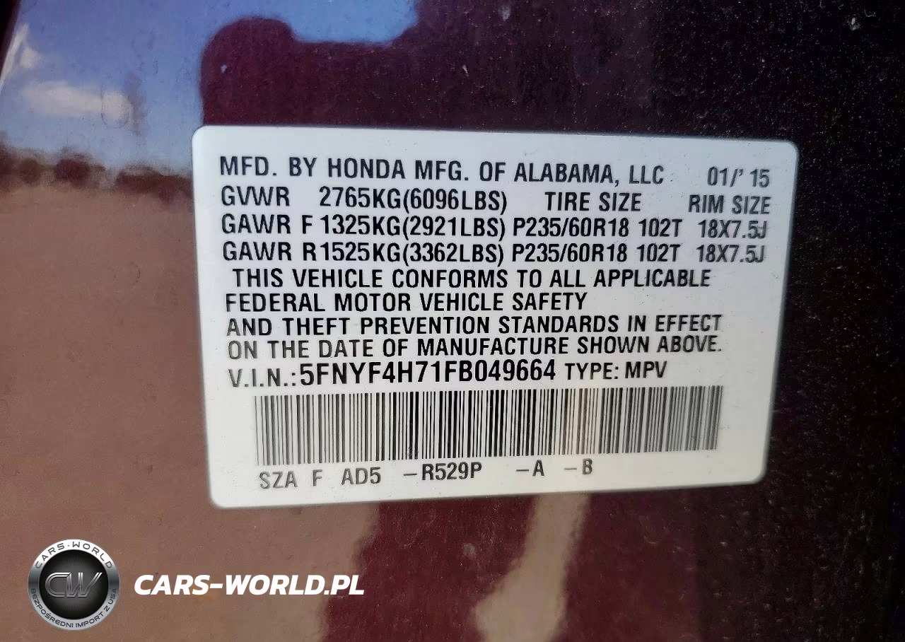 2015 Honda Pilot Exln VIN:5FNYF4H71FB049664 - 13