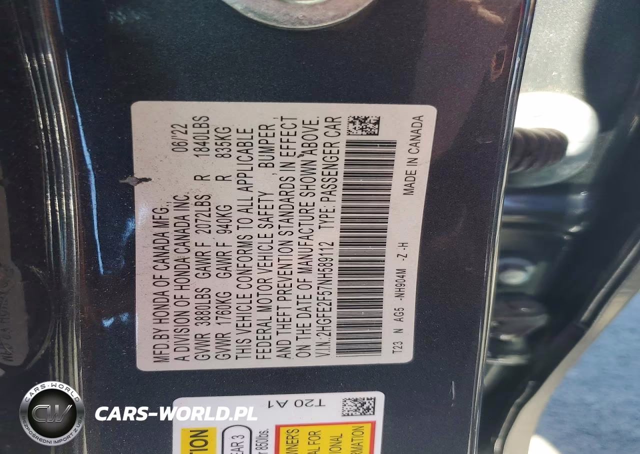 2022 Honda Civic Sport VIN:2HGFE2F57NH589112 - 12