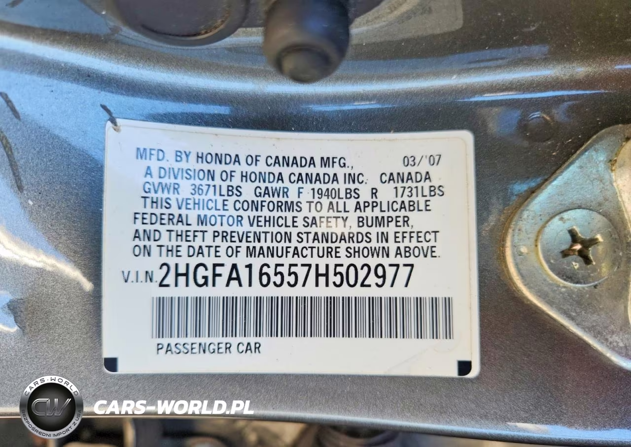 2007 Honda Civic Lx VIN:2HGFA16557H502977 - 12