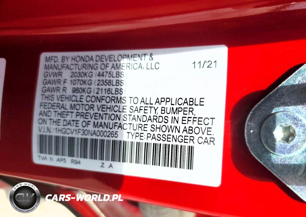 2022 Honda Accord Sport VIN:1HGCV1F30NA000265 - 12