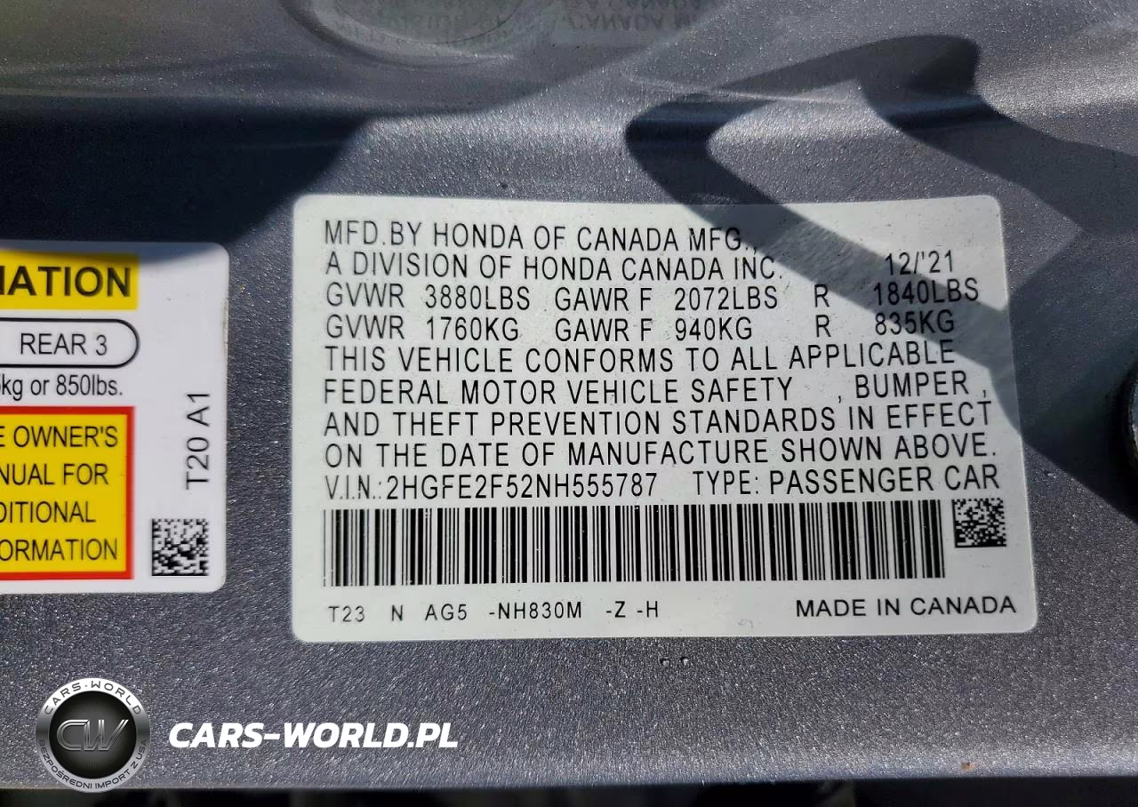 2022 Honda Civic Sport VIN:2HGFE2F52NH555787 - 12