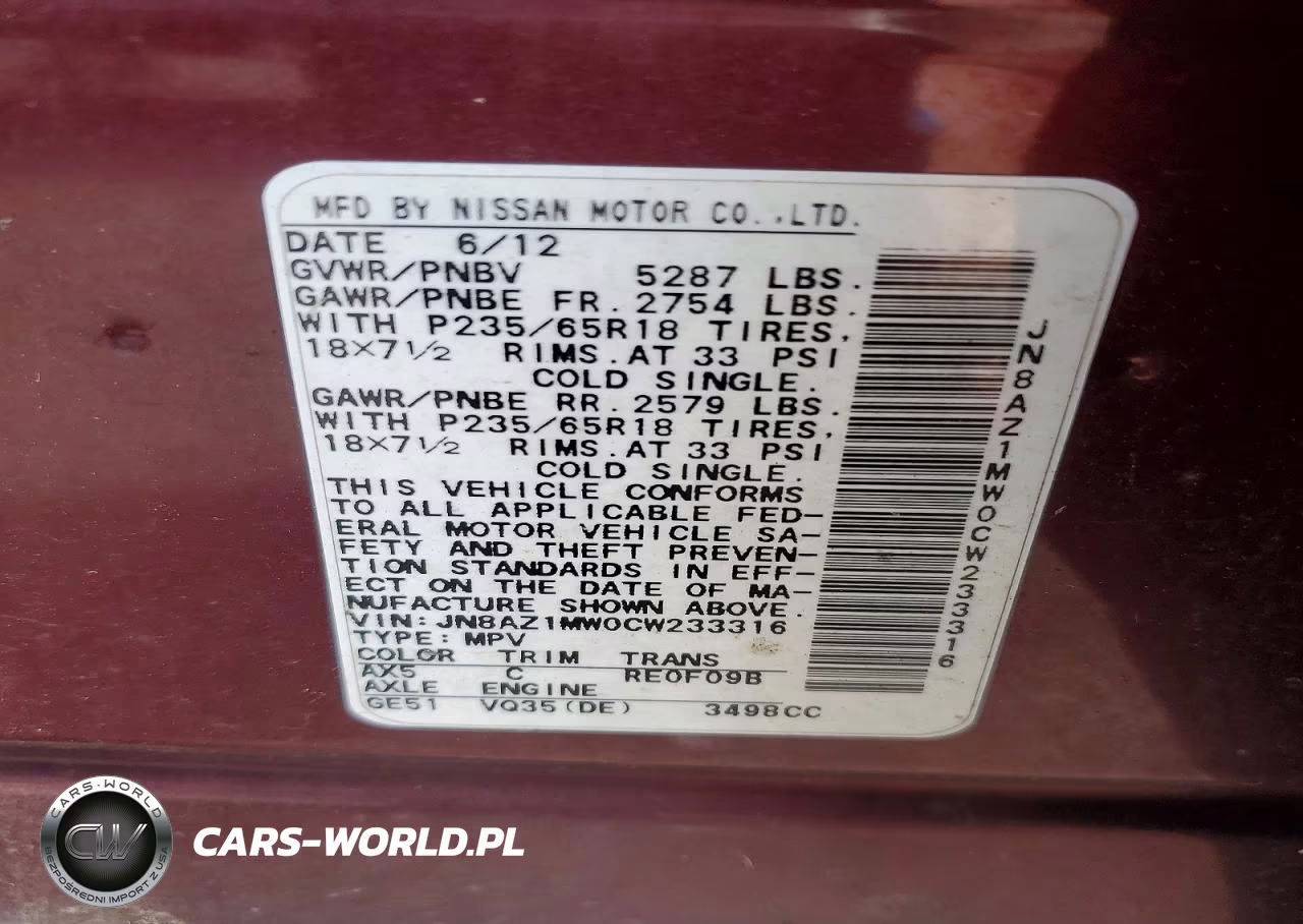 2012 Nissan Murano S VIN:JN8AZ1MW0CW233316 - 13