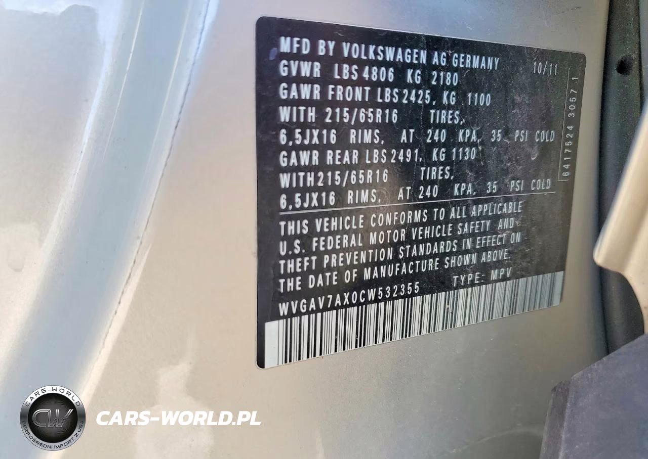2012 Volkswagen Tiguan S VIN:WVGAV7AX0CW532355 - 12