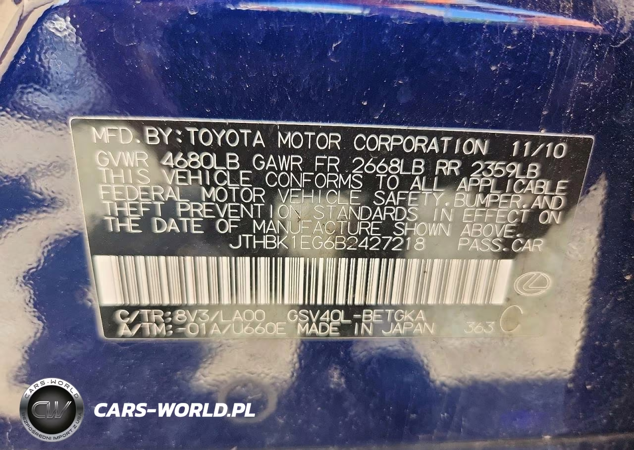 2011 Lexus Es 350 VIN:JTHBK1EG6B2427218 - 12