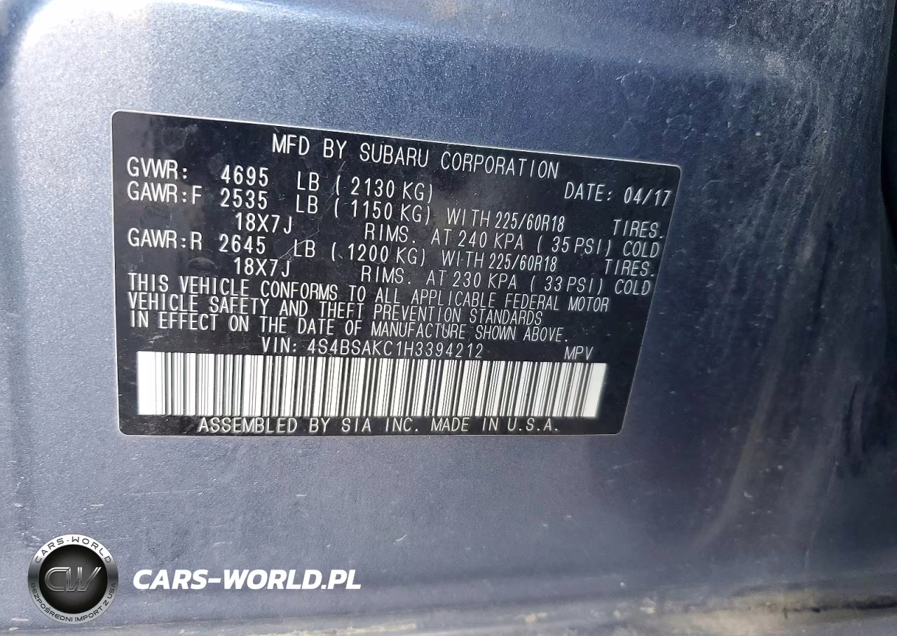 2017 Subaru Outback 2.5I Limited VIN:4S4BSAKC1H3394212 - 14