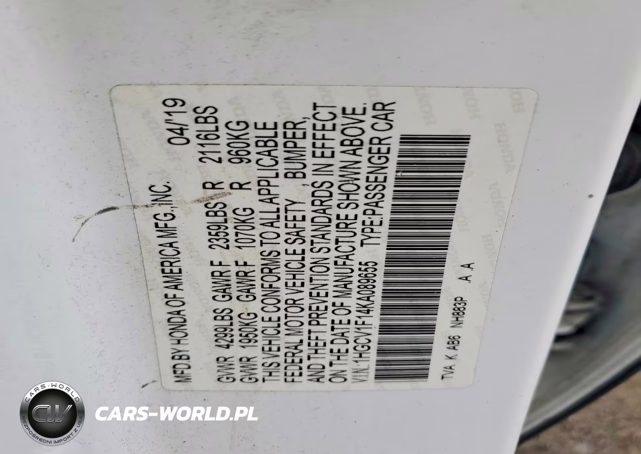 2019 Honda Accord Lx VIN:1HGCV1F14KA089655 - 12