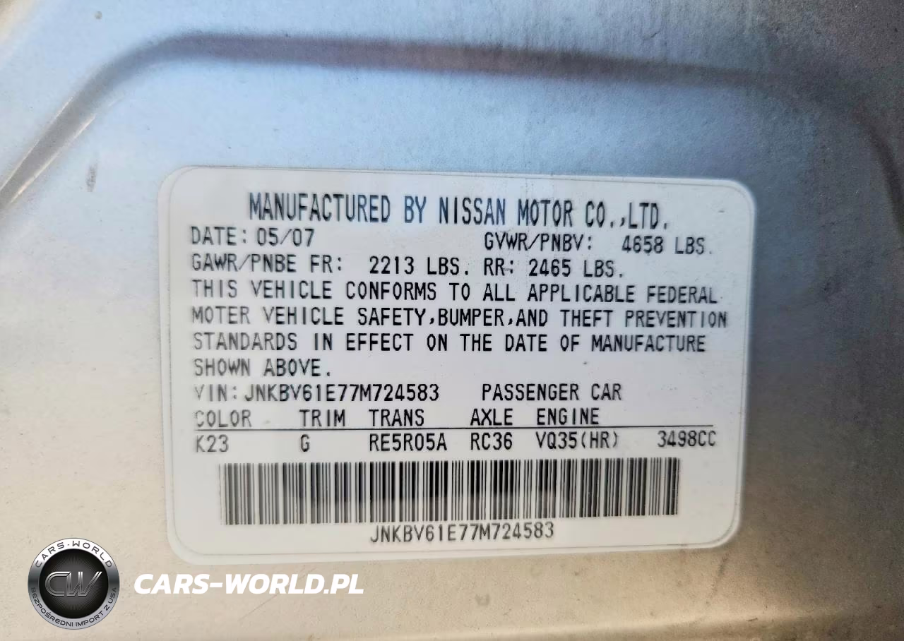 2007 Infiniti G35 Base VIN:JNKBV61E77M724583 - 12