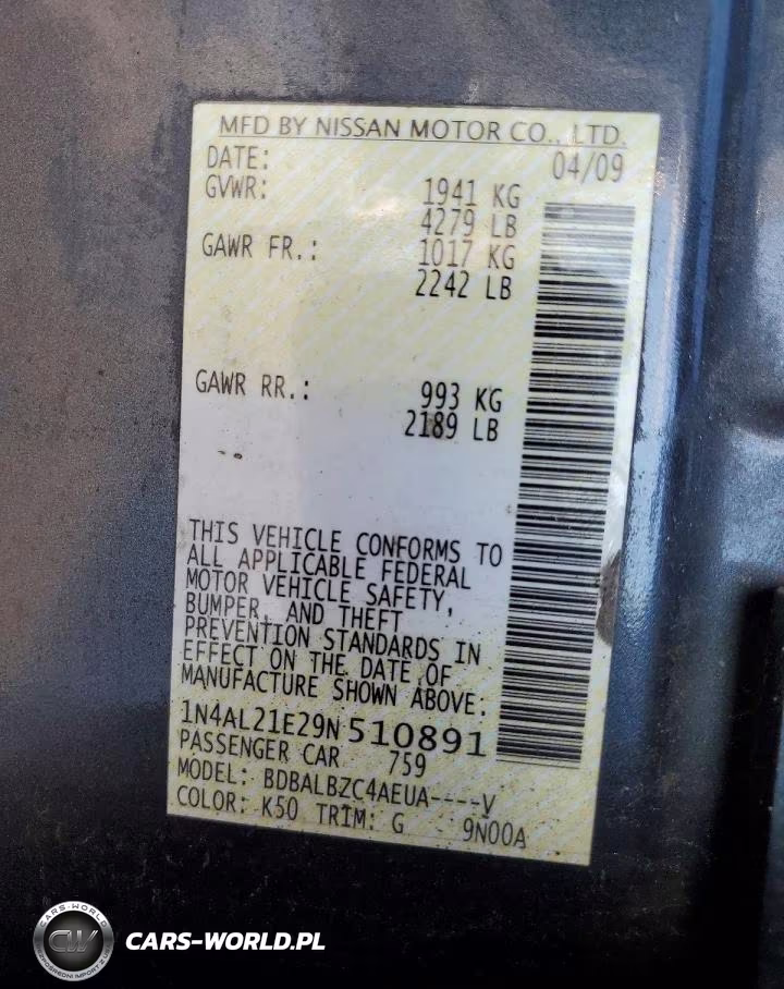 2009 Nissan Altima 2.5 VIN:1N4AL21E29N510891 - 12