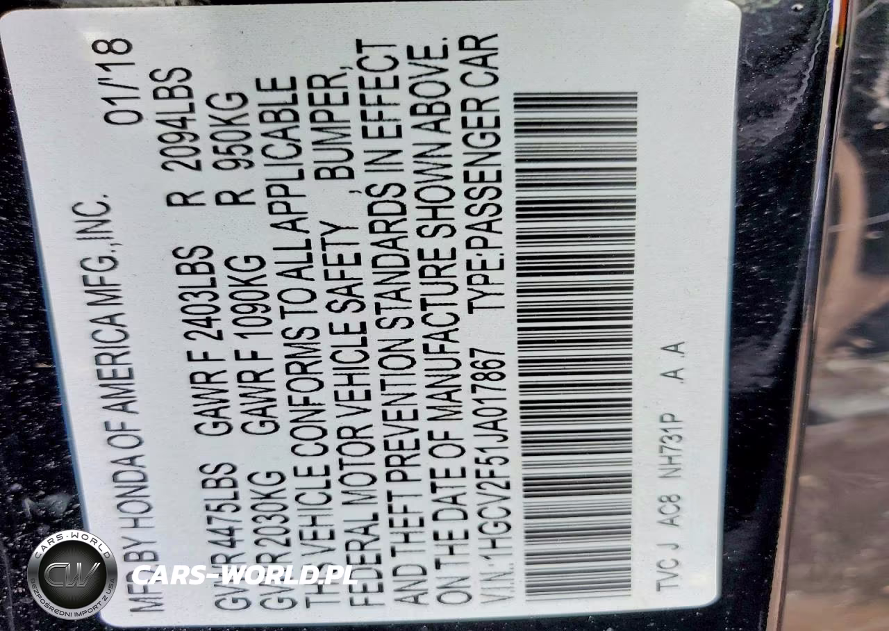 2018 Honda Accord Exl VIN:1HGCV2F51JA017867 - 12