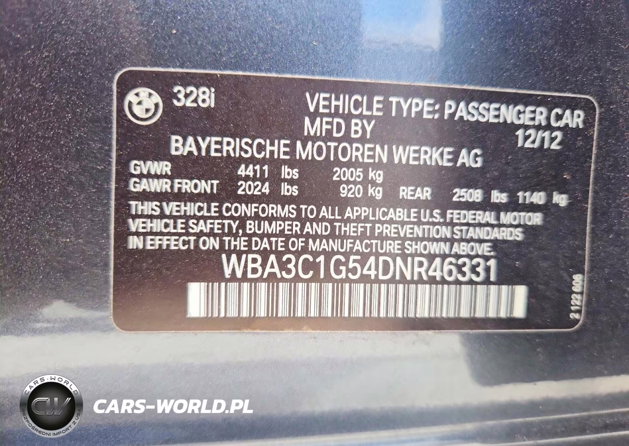 2013 BMW 328 I Sulev VIN:WBA3C1G54DNR46331 - 12