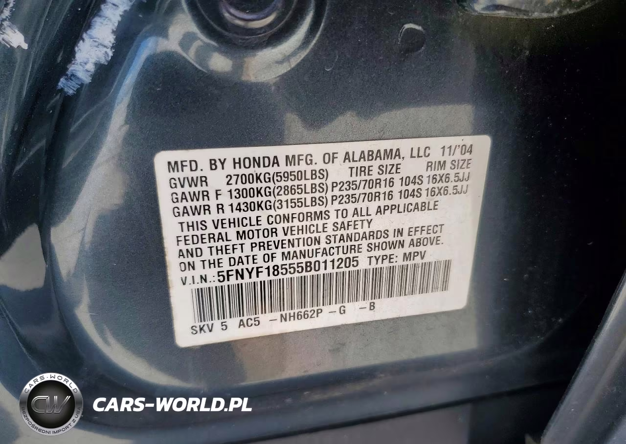 2005 Honda Pilot Exl VIN:5FNYF18555B011205 - 13