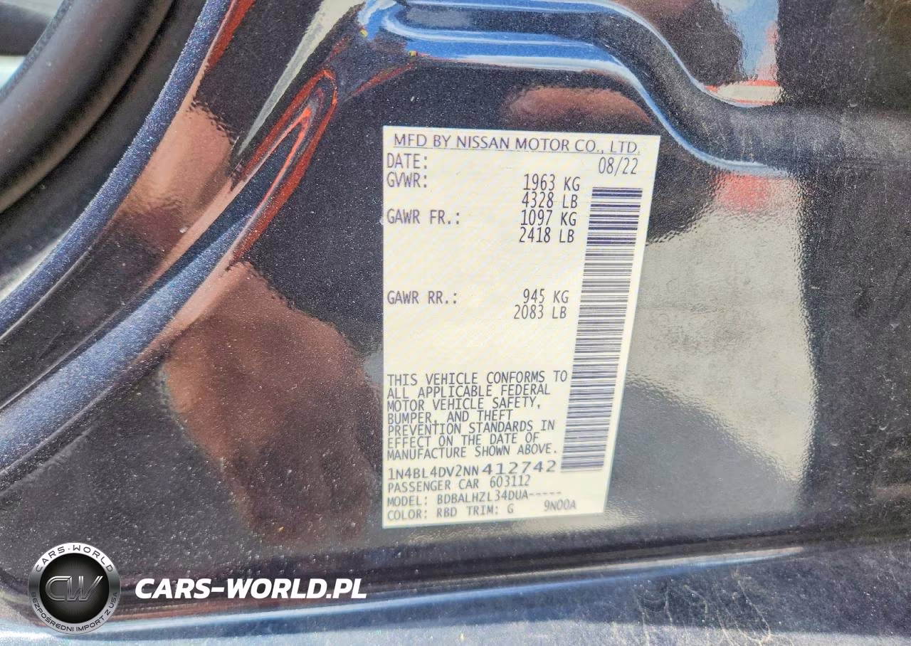 2022 Nissan Altima Sv VIN:1N4BL4DV2NN412742 - 12