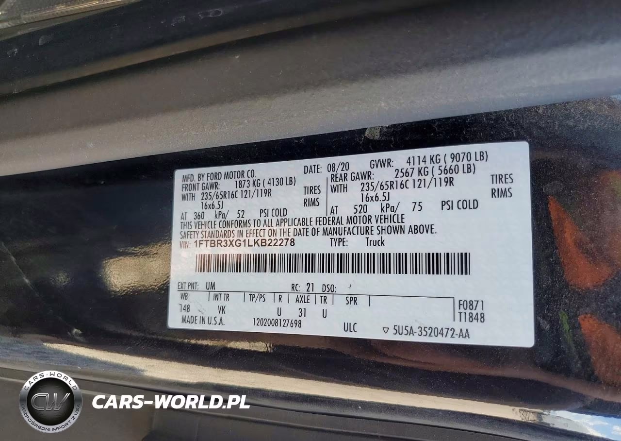 2020 Ford Transit T-250 VIN:1FTBR3XG1LKB22278 - 10