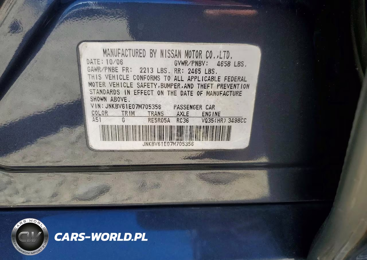 2007 Infiniti G35 Base VIN:JNKBV61E07M705356 - 12