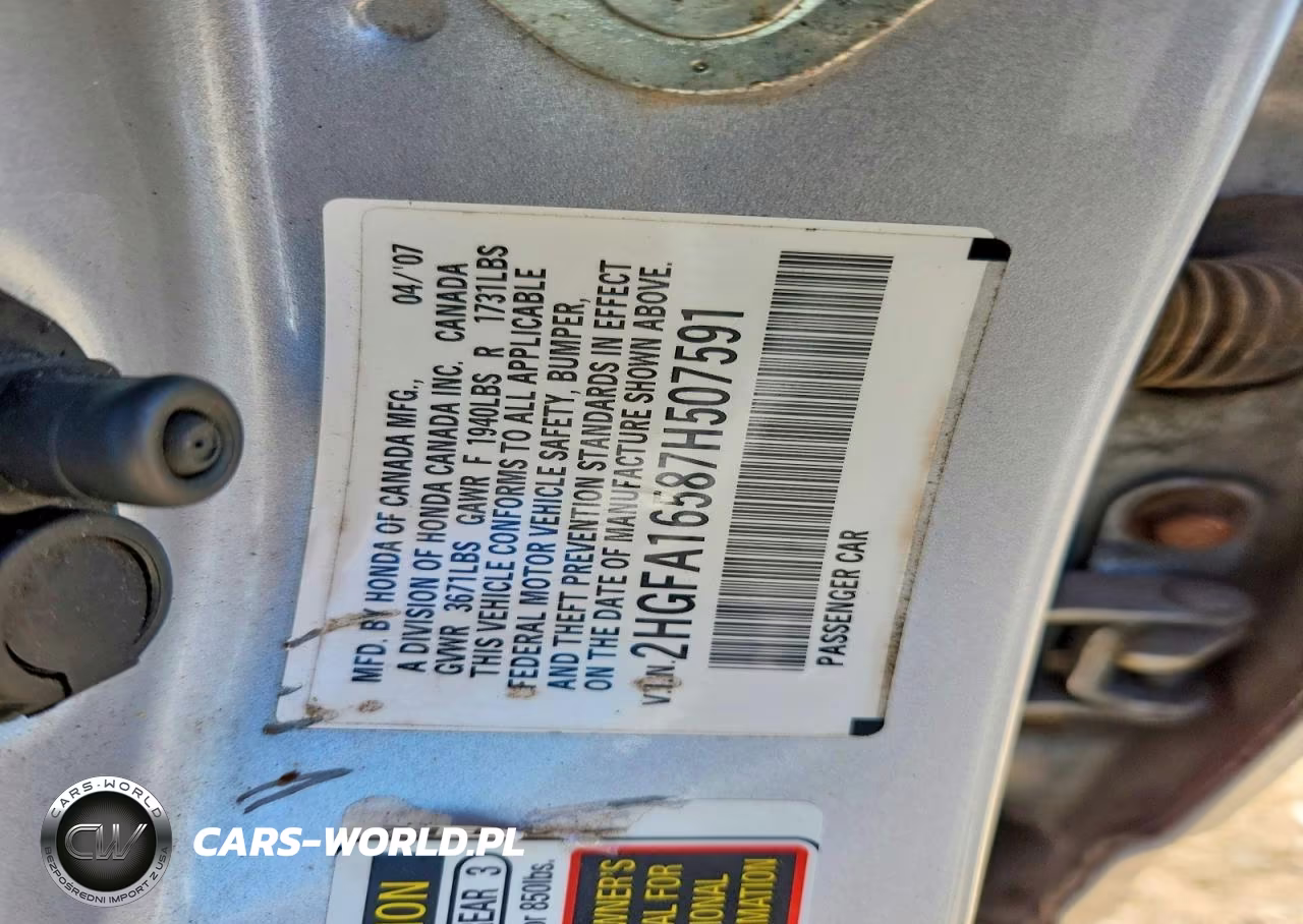 2007 Honda Civic Lx VIN:2HGFA16587H507591 - 13
