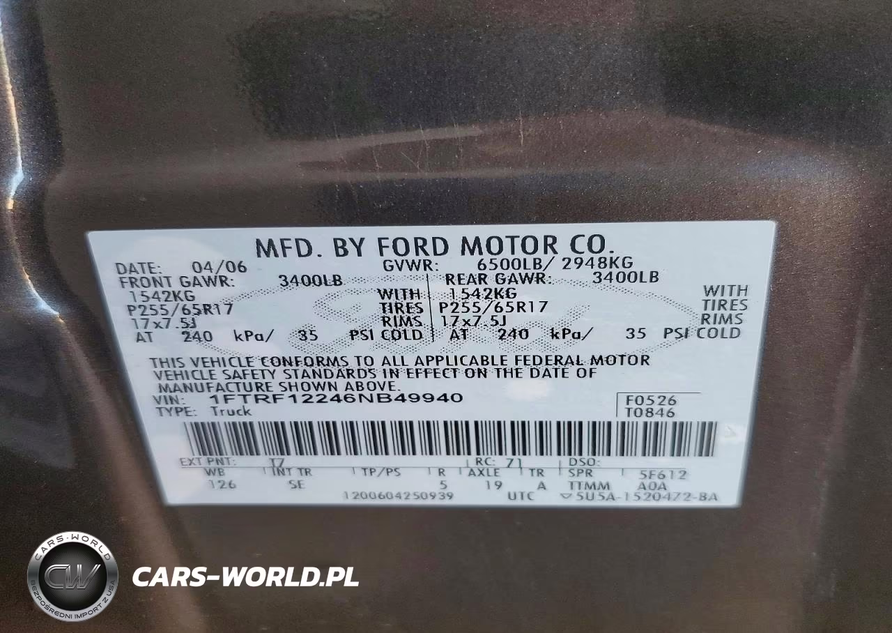 2006 Ford F150 VIN:1FTRF12246NB49940 - 12