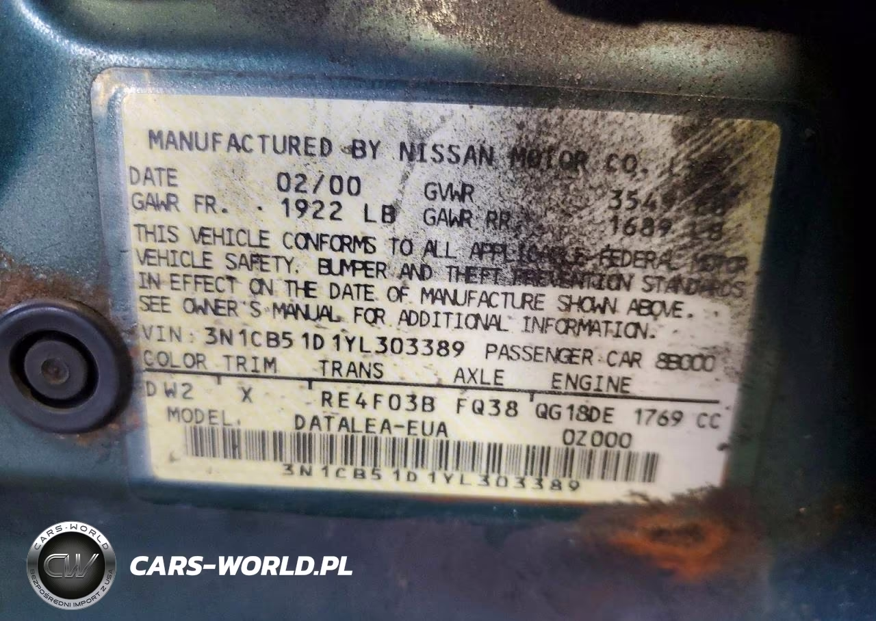 2000 Nissan Sentra Xe VIN:3N1CB51D1YL303389 - 12