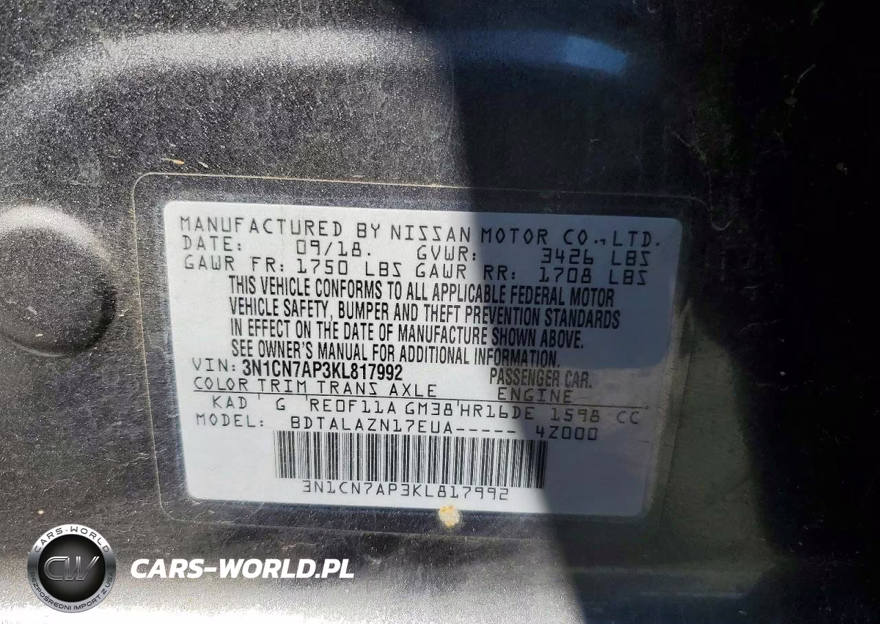 2019 Nissan Versa S Plus VIN:3N1CN7AP3KL817992 - 12