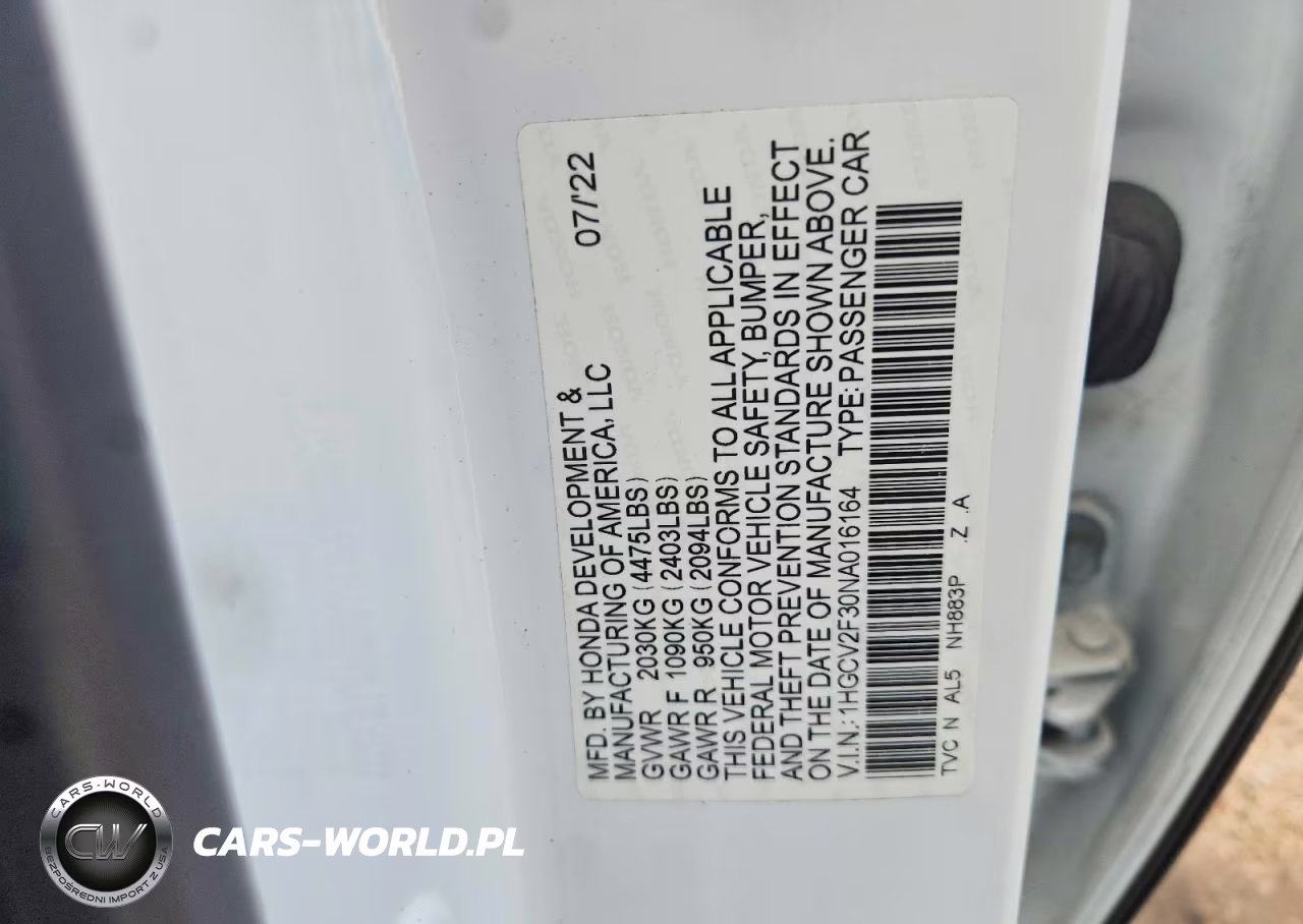 2022 Honda Accord Sport VIN:1HGCV2F30NA016164 - 12