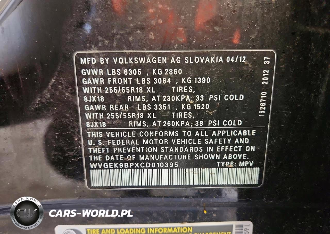 2012 Volkswagen Touareg V6 Tdi VIN:WVGEK9BPXCD010395 - 12
