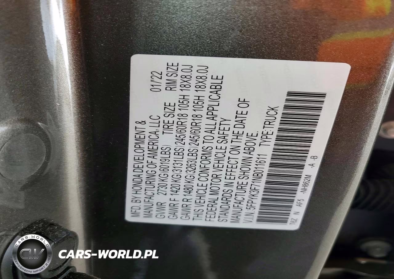 2022 Honda Ridgeline Rtl VIN:5FPYK3F71NB011611 - 12