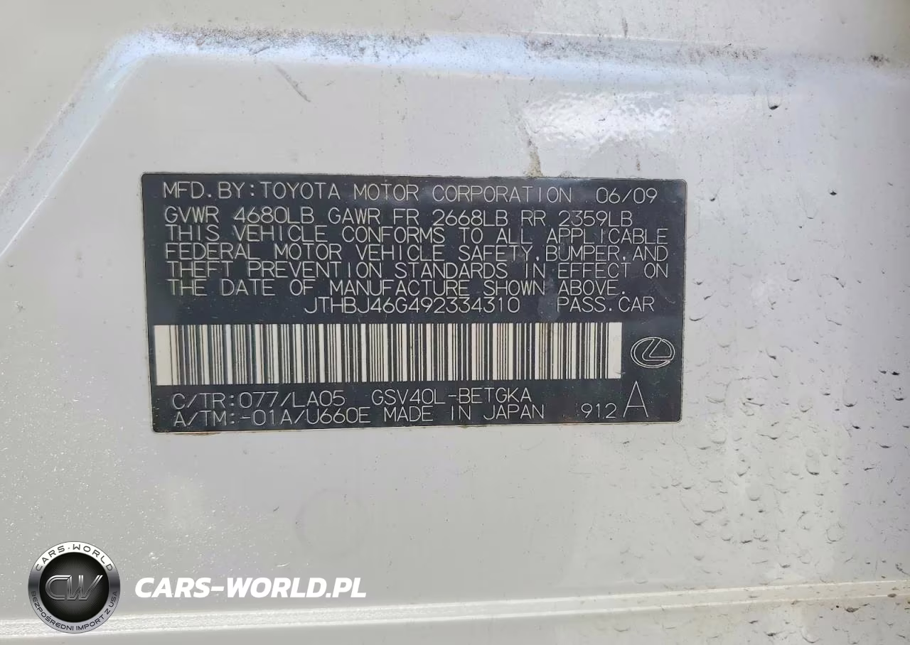2009 Lexus Es 350 VIN:JTHBJ46G492334310 - 12