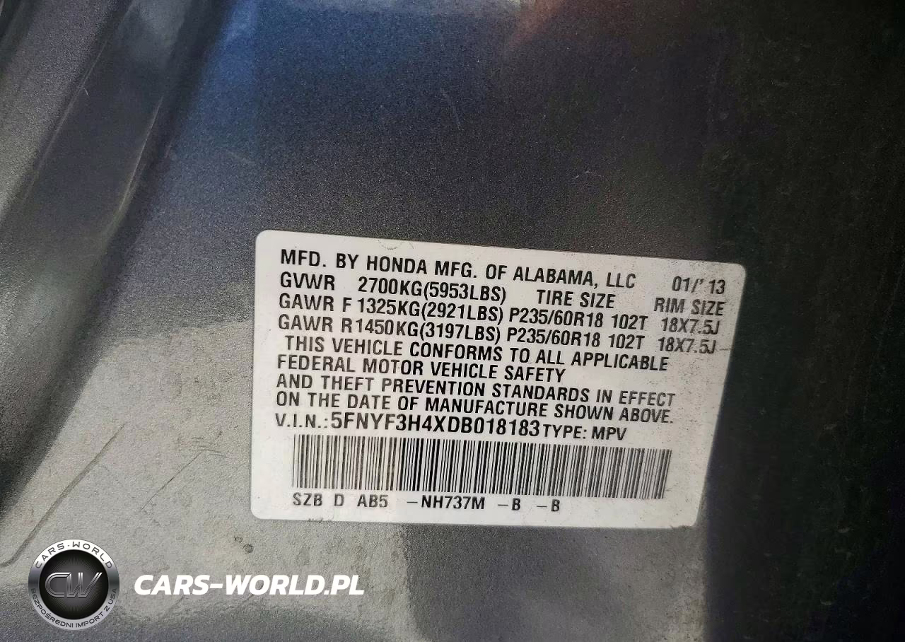 2013 Honda Pilot Ex VIN:5FNYF3H4XDB018183 - 13