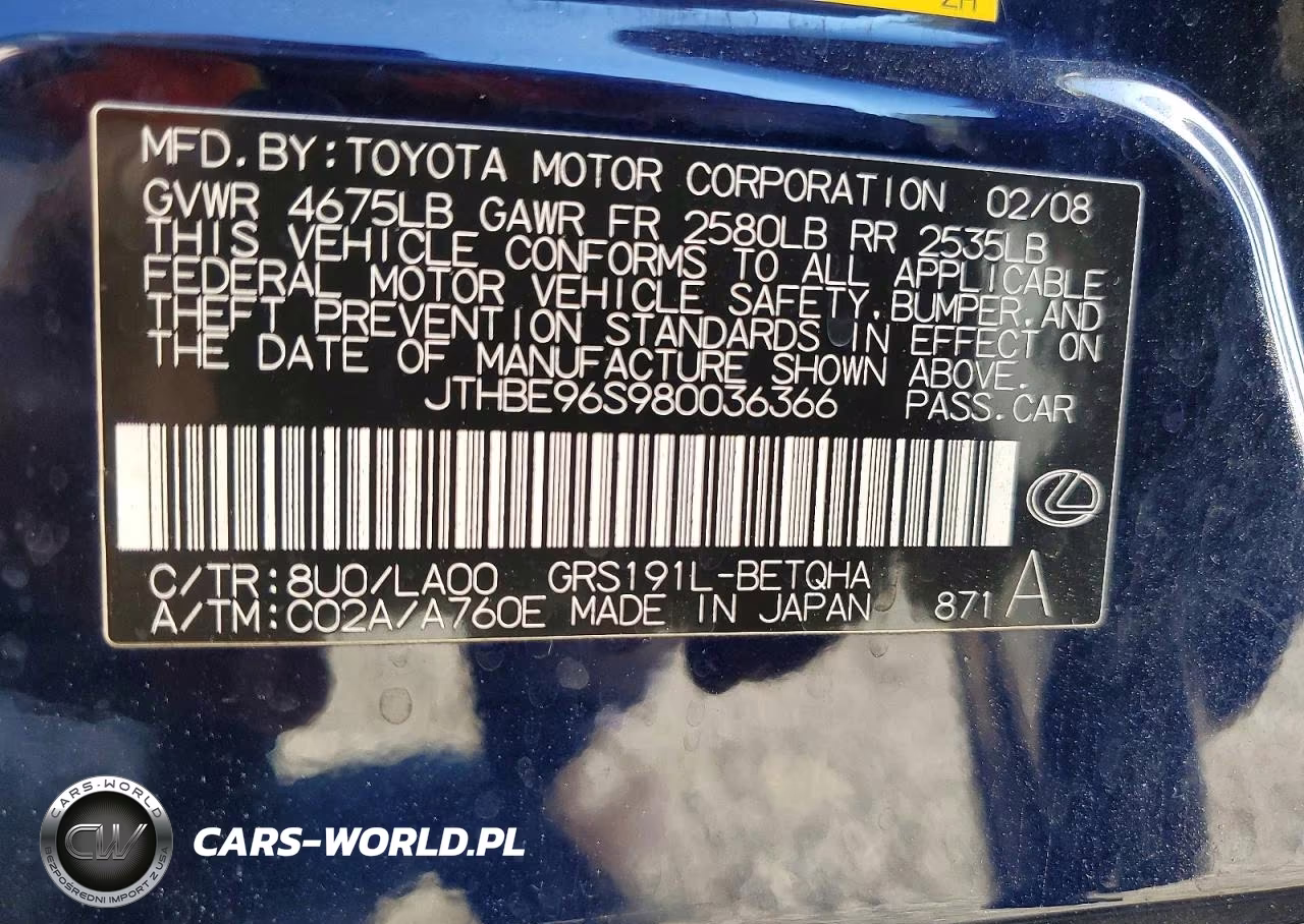2008 Lexus Gs 350 VIN:JTHBE96S980036366 - 12