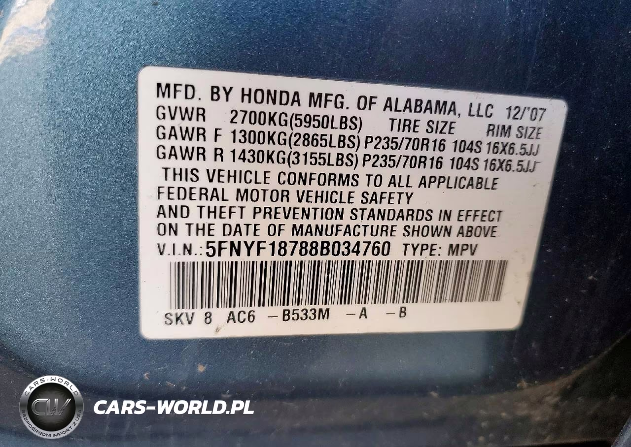 2008 Honda Pilot Exl VIN:5FNYF18788B034760 - 12