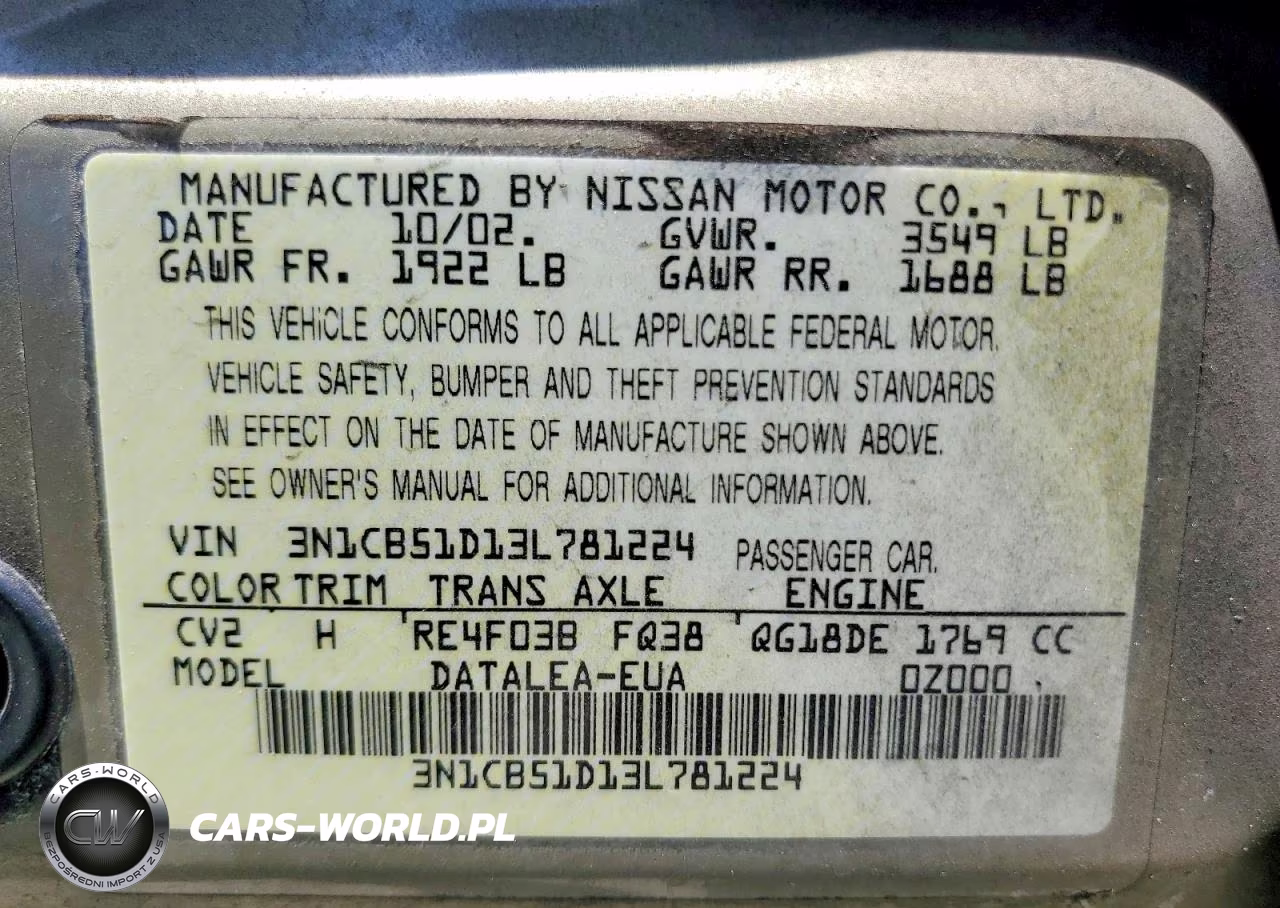 2003 Nissan Sentra Xe VIN:3N1CB51D13L781224 - 13