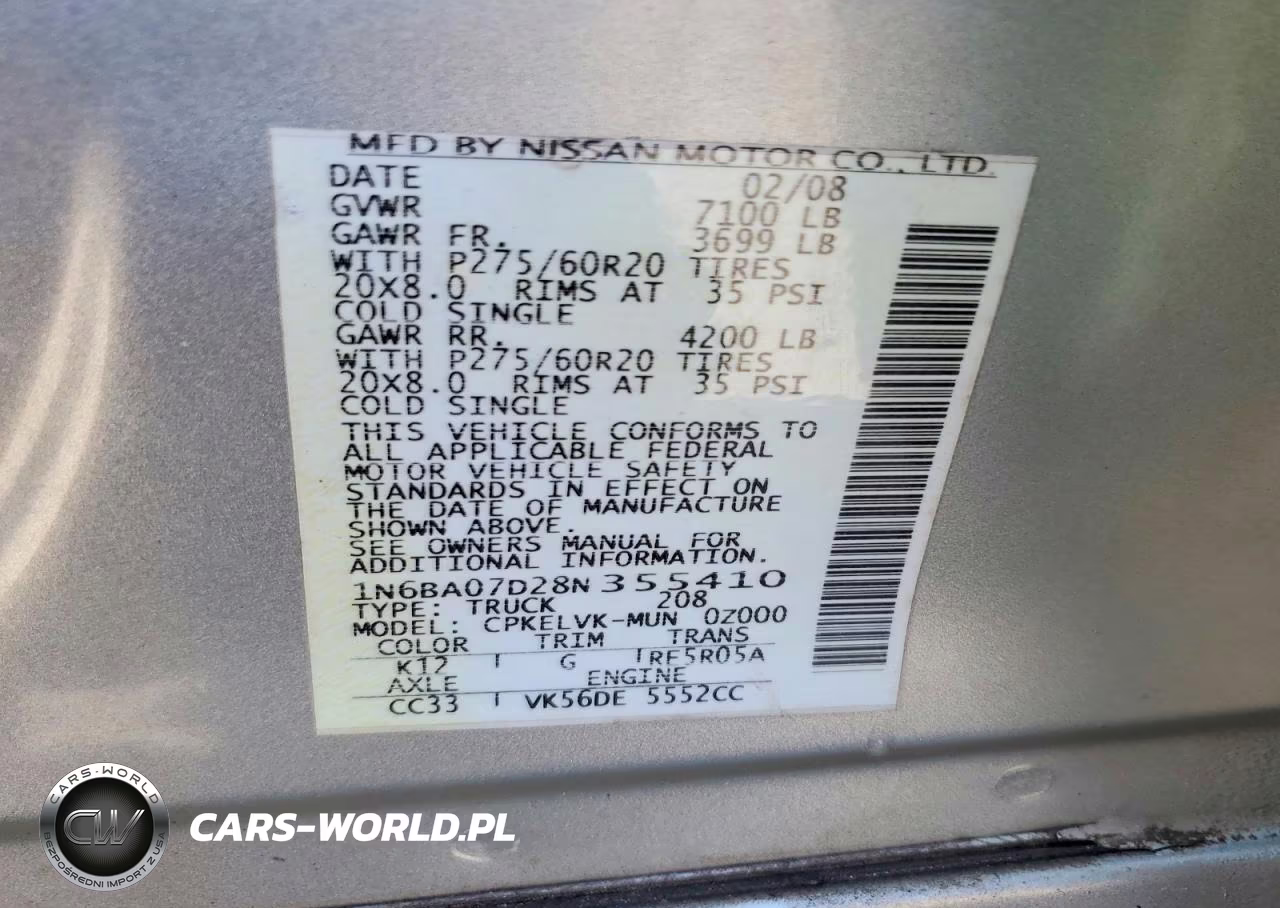 2008 Nissan Titan Xe Ffv VIN:1N6BA07D28N355410 - 12