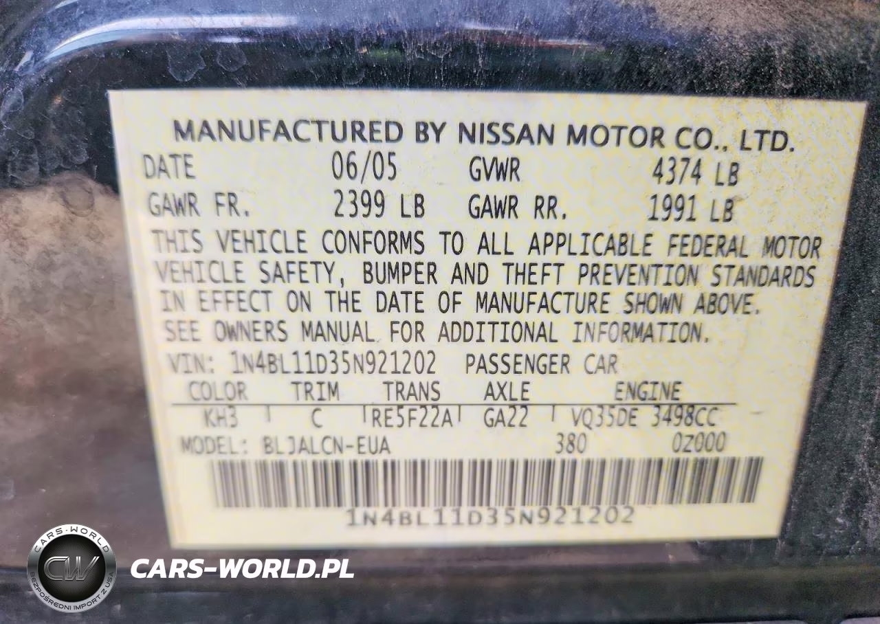 2005 Nissan Altima 3.5 Se VIN:1N4BL11D35N921202 - 12