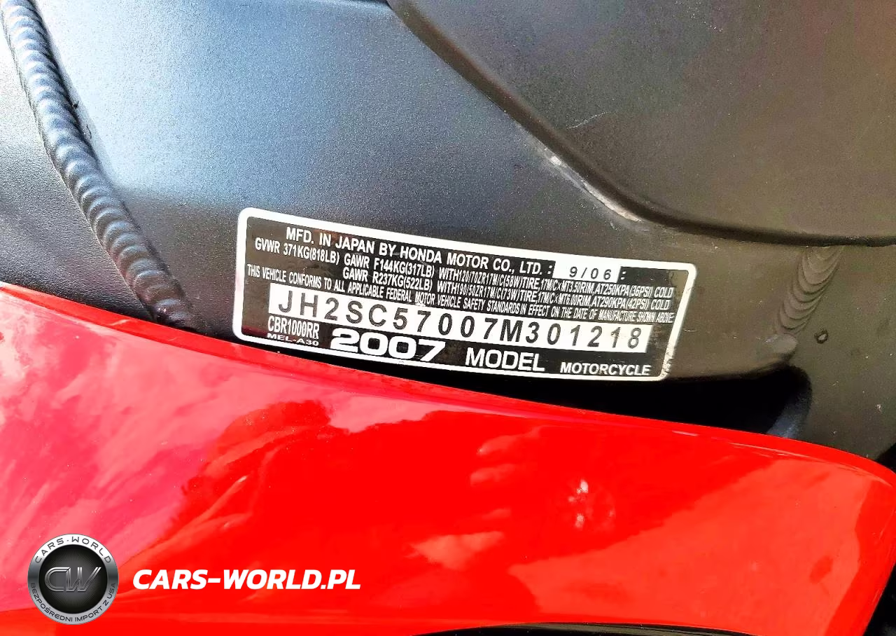2007 Honda Cbr1000 Rr VIN:JH2SC57007M301218 - 9