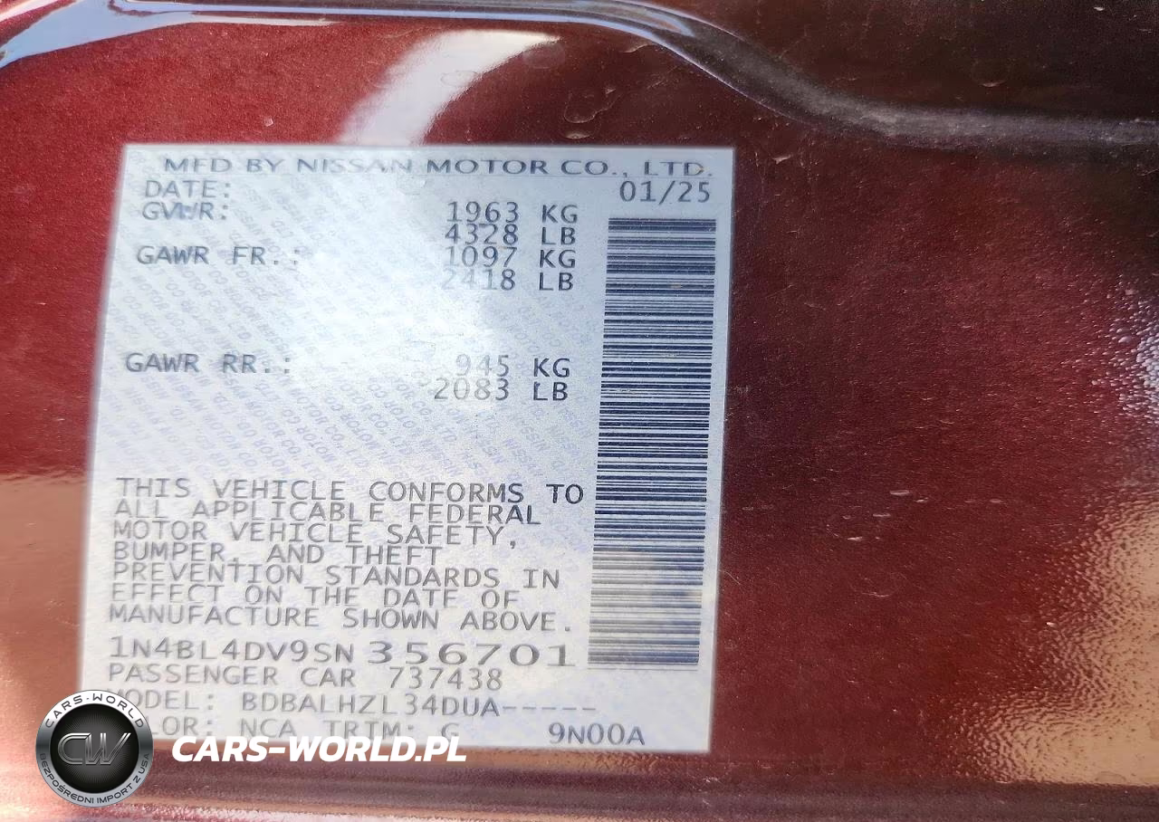 2025 Nissan Altima Sv VIN:1N4BL4DV9SN356701 - 13