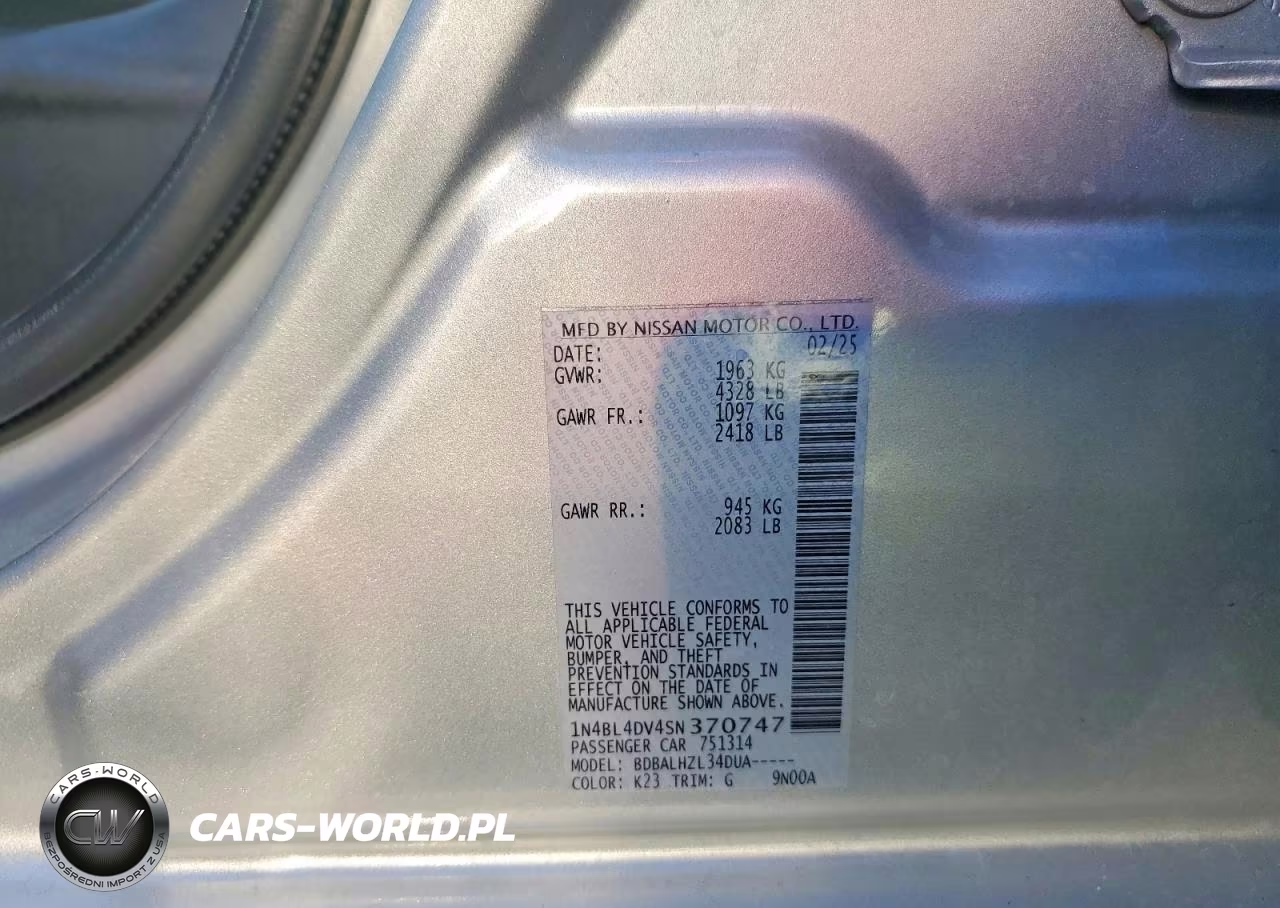 2025 Nissan Altima Sv VIN:1N4BL4DV4SN370747 - 12