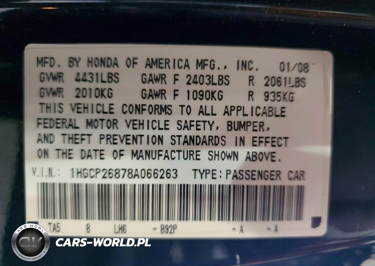 2008 Honda Accord Exl VIN:1HGCP26878A066263 - 12