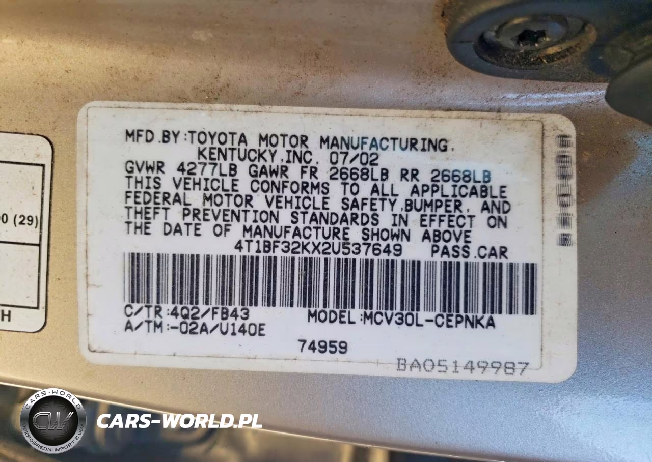 2002 Toyota Camry Le V6 VIN:4T1BF32KX2U537649 - 12