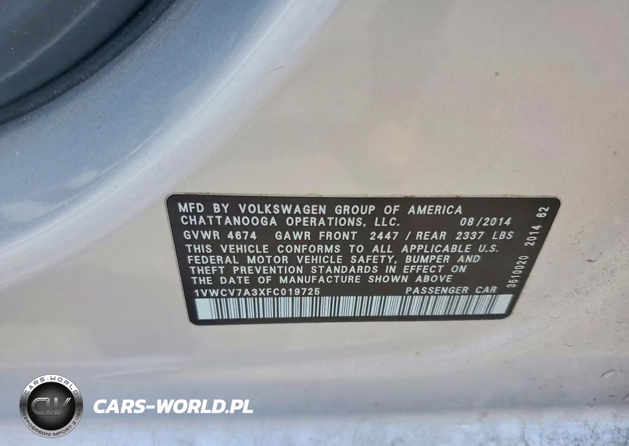 2015 Volkswagen Passat Sel VIN:1VWCV7A3XFC019725 - 13