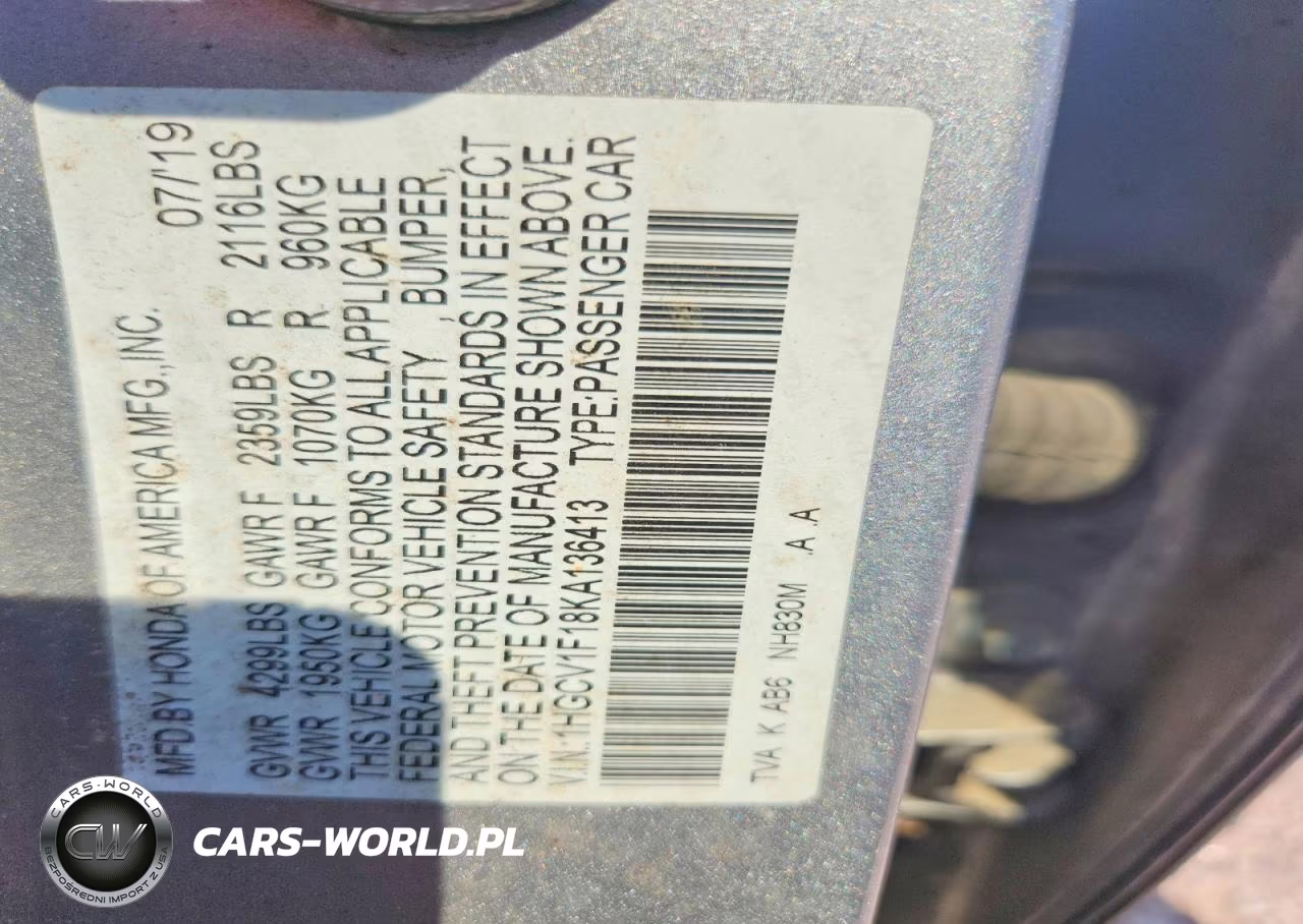 2019 Honda Accord Lx VIN:1HGCV1F18KA136413 - 12
