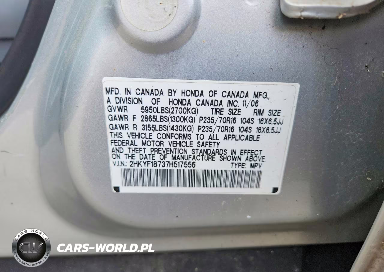 2007 Honda Pilot Ex-L VIN:2HKYF18737H517556 - 13
